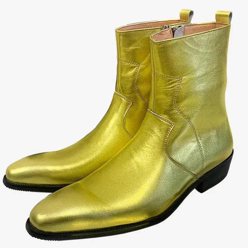 Men's Luxury Gold Slip-on Zipper Wedding Party Genuine Leather Mid-calf Boots