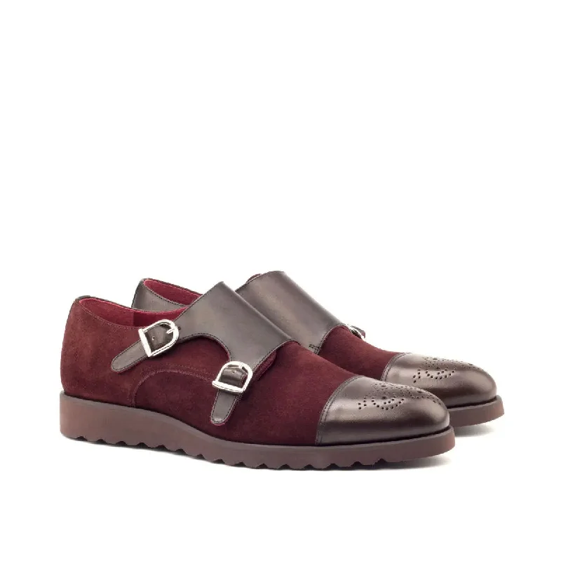 DapperFam Monaco in Burgundy / Dark Brown Men's Lux Suede & Italian Leather Double Monk