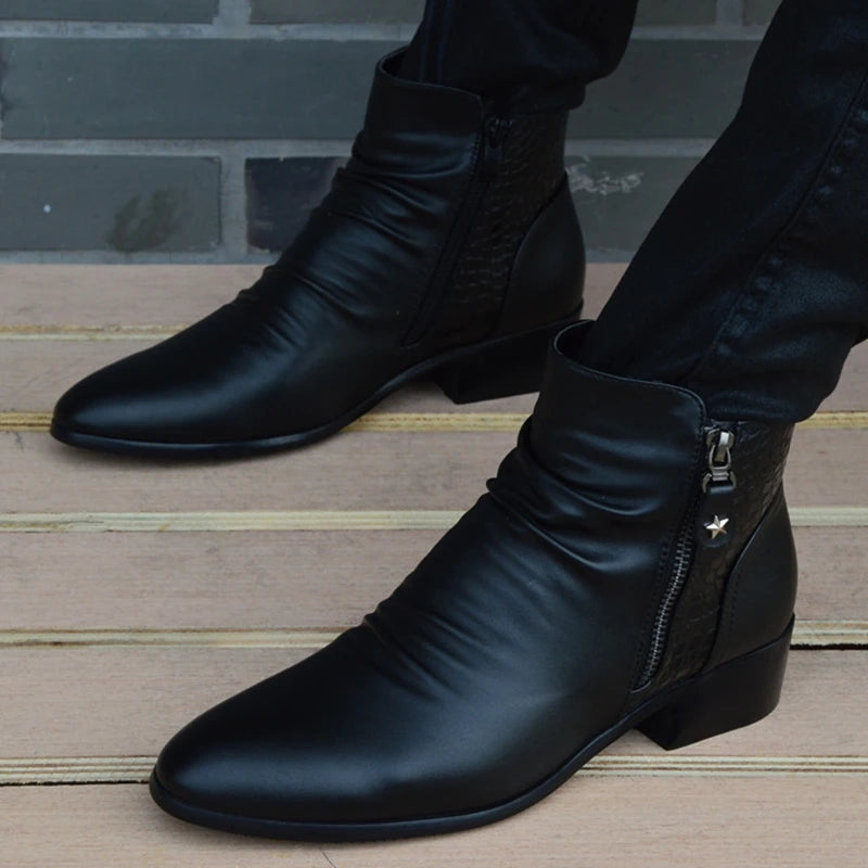 Men's Black Genuine Cow Leather Pointed Toe Zipper Ankle Boots