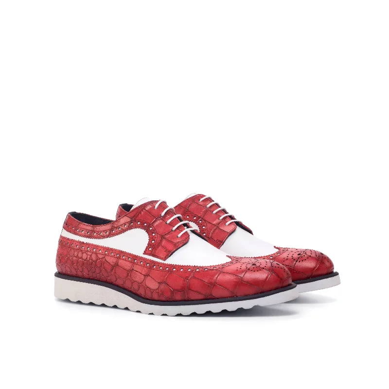 DapperFam Zephyr in White / Red / Black Men's Italian Croco Embossed Leather Longwing Blucher