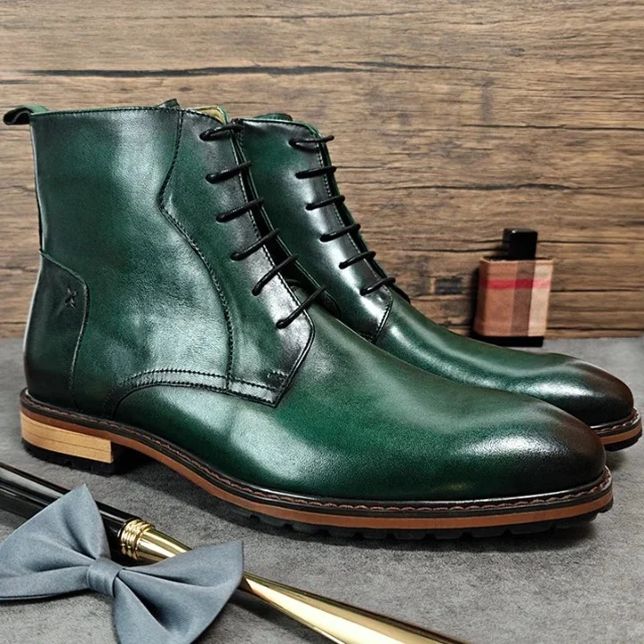 Men's Green Winter Handmade Genuine Leather Lace-up Ankle Boots