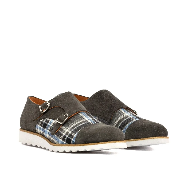 DapperFam Monaco in Plaid / Grey Men's Sartorial & Lux Suede Double Monk