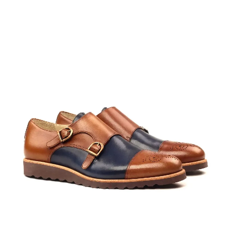 DapperFam Monaco in Med Brown / Navy Men's Italian Leather Double Monk