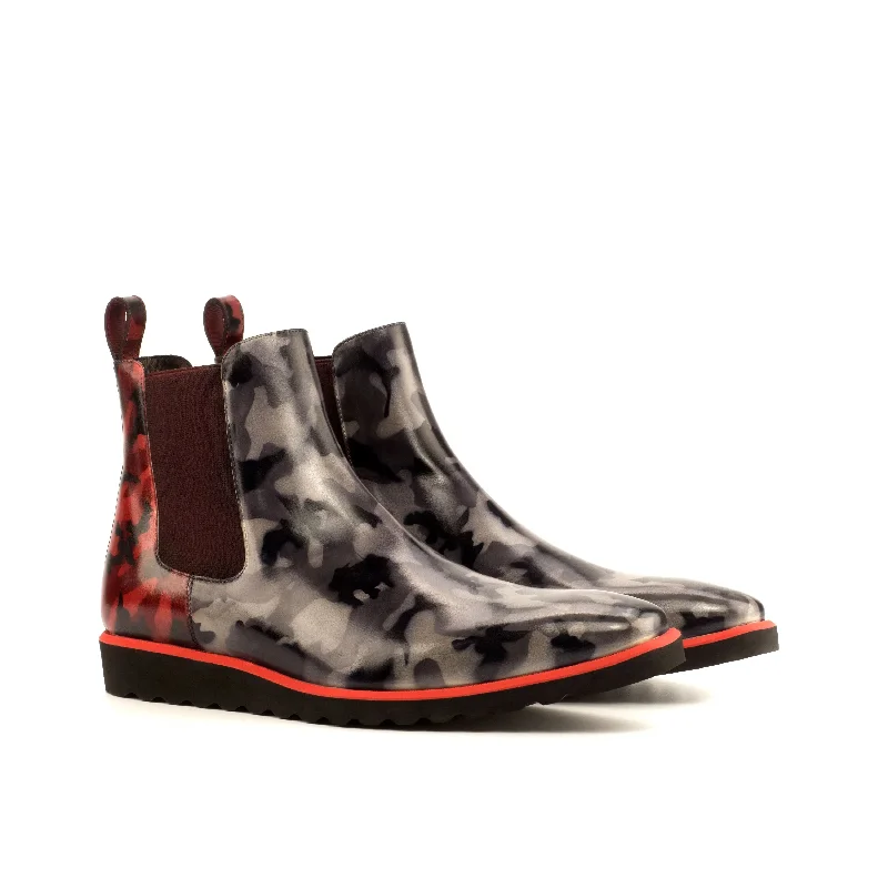 DapperFam Monza in Grey Camo / Burgundy Camo Men's Hand-Painted Patina Chelsea Boot