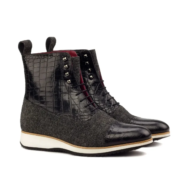 DapperFam Vittorio in Black / Nailhead Men's Sartorial & Italian Croco Embossed Leather Balmoral Boot