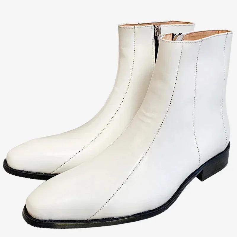 Men's Luxury White Handmade Side Zipper Genuine Leather Mid-calf Boots