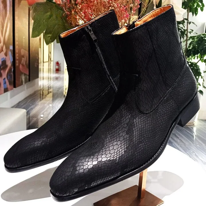 Men's Luxury Black Handmade Genuine Leather Python Pattern Mid-calf Boots