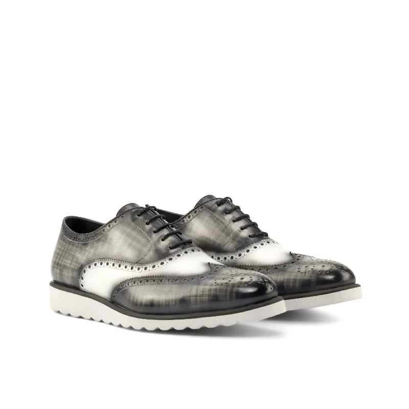 DapperFam Aeron in Grey / White Men's Hand-Painted Italian Leather Full Brogue