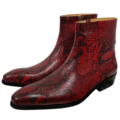 Men's Luxury Genuine Leather Python Skin Pattern Slip-On Mid-calf Boots