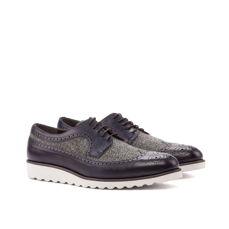 DapperFam Zephyr in Herringbone / Navy Men's Sartorial & Italian Leather Longwing Blucher