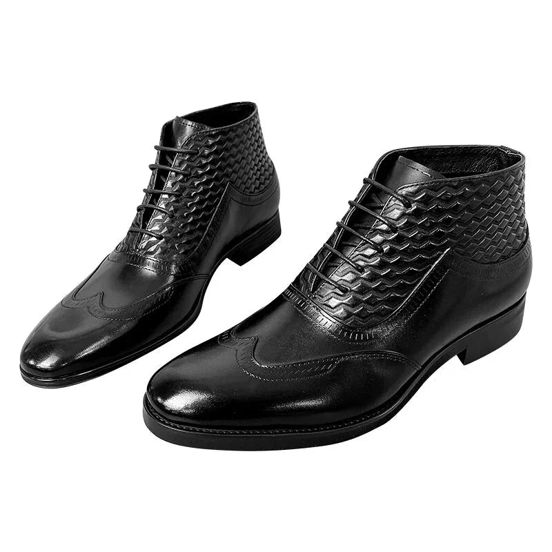 Men's Luxury Black Genuine Leather Wingtip Lace-up Ankle Boots