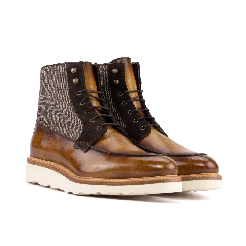 DapperFam Ryker in Tweed / Cognac / Dark Brown Men's Sartorial & Lux Suede & Hand-Painted Patina Moc Boot