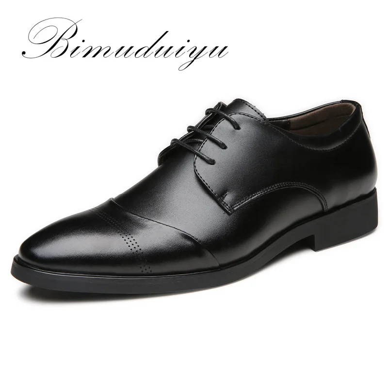 BIMUDUIYU 38-47 High Quality Leather Dress Shoes Tide Pointed England Style Business Wedding Formal Flats Black Shoes For Men