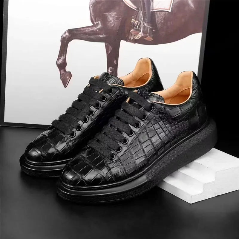 Men's Genuine Crocodile Leather Thick Sole Lace-up Casual Shoes