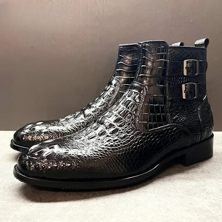 Men's Luxury Crocodile Printed Double Buckle Genuine Leather Ankle Boots