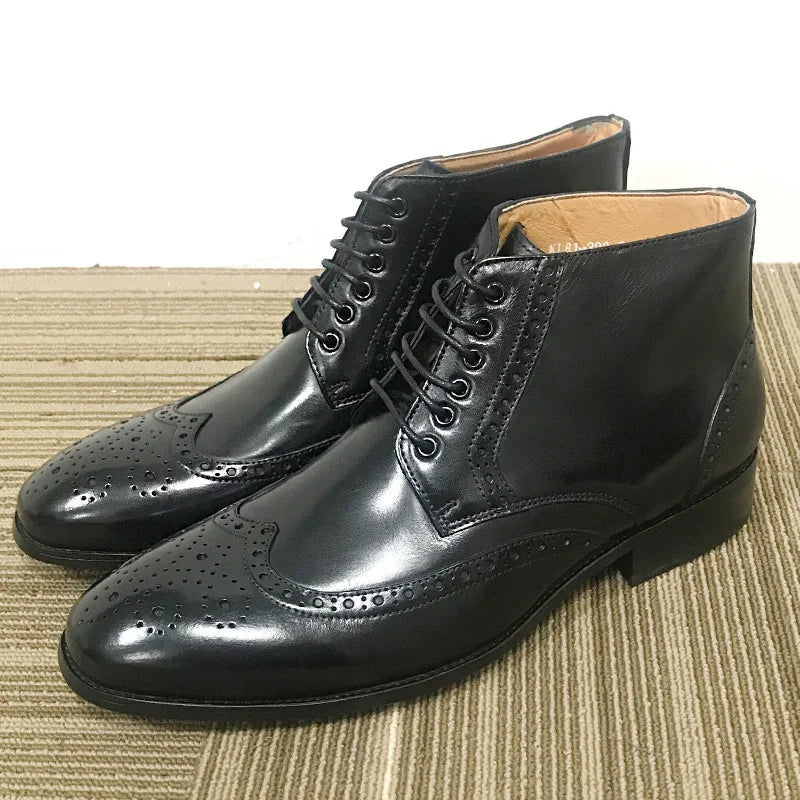 Luxury Genuine Leather Lace Up Wing Tip Toe Ankle Boots for Men