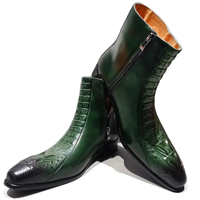 Men's Luxury Green Genuine Leather Crocodile Print Zipper Ankle Boots