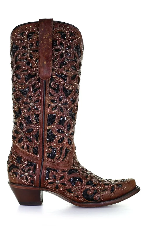 Corral Womens Inlay Embroidery Cowboy Boots Leather Tan/Black