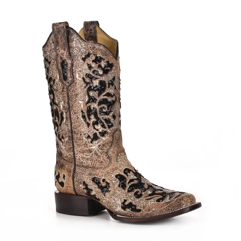 Corral Womens Sequin Inlay Cowboy Boots Leather Tan