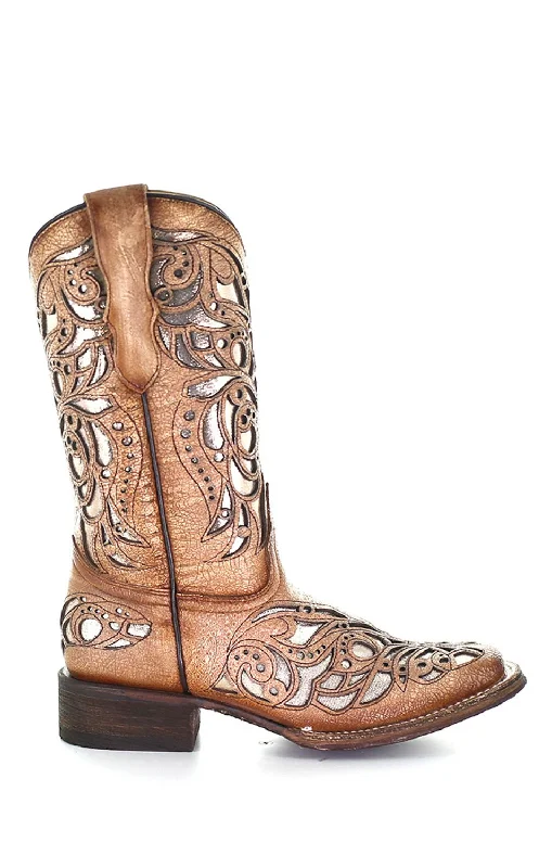 Corral Youth Girls T0104 Beige Leather 11in Butterfly Inlay Cowboy Boots