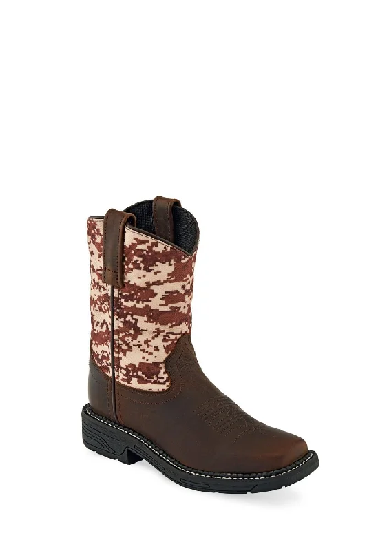 Old West Brown/Camo Children Boys Leather Cowboy Boots 3D