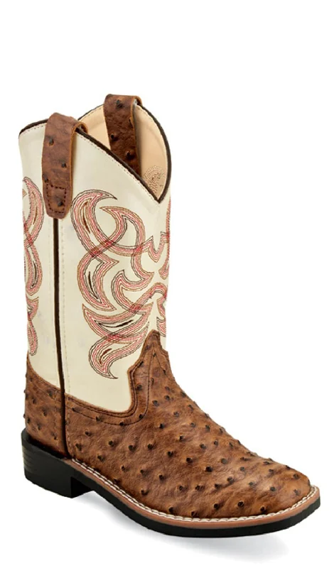 Old West Children Unisex Broad Square Toe Brown/White Faux Leather Cowboy Boots 8.5 D