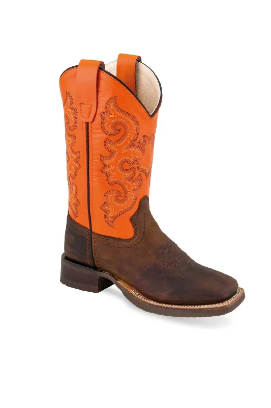 Old West Orange/Brown Youth Boys Leather Western Cowboy Boots 3.5D