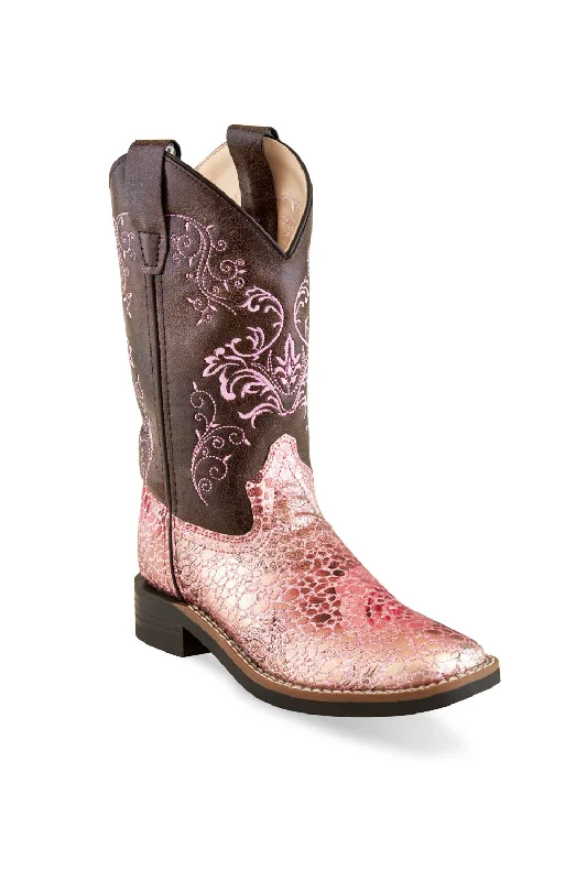 Old West Pink/Brown Children Girls Faux Leather Crackle Cowboy Boots 6D